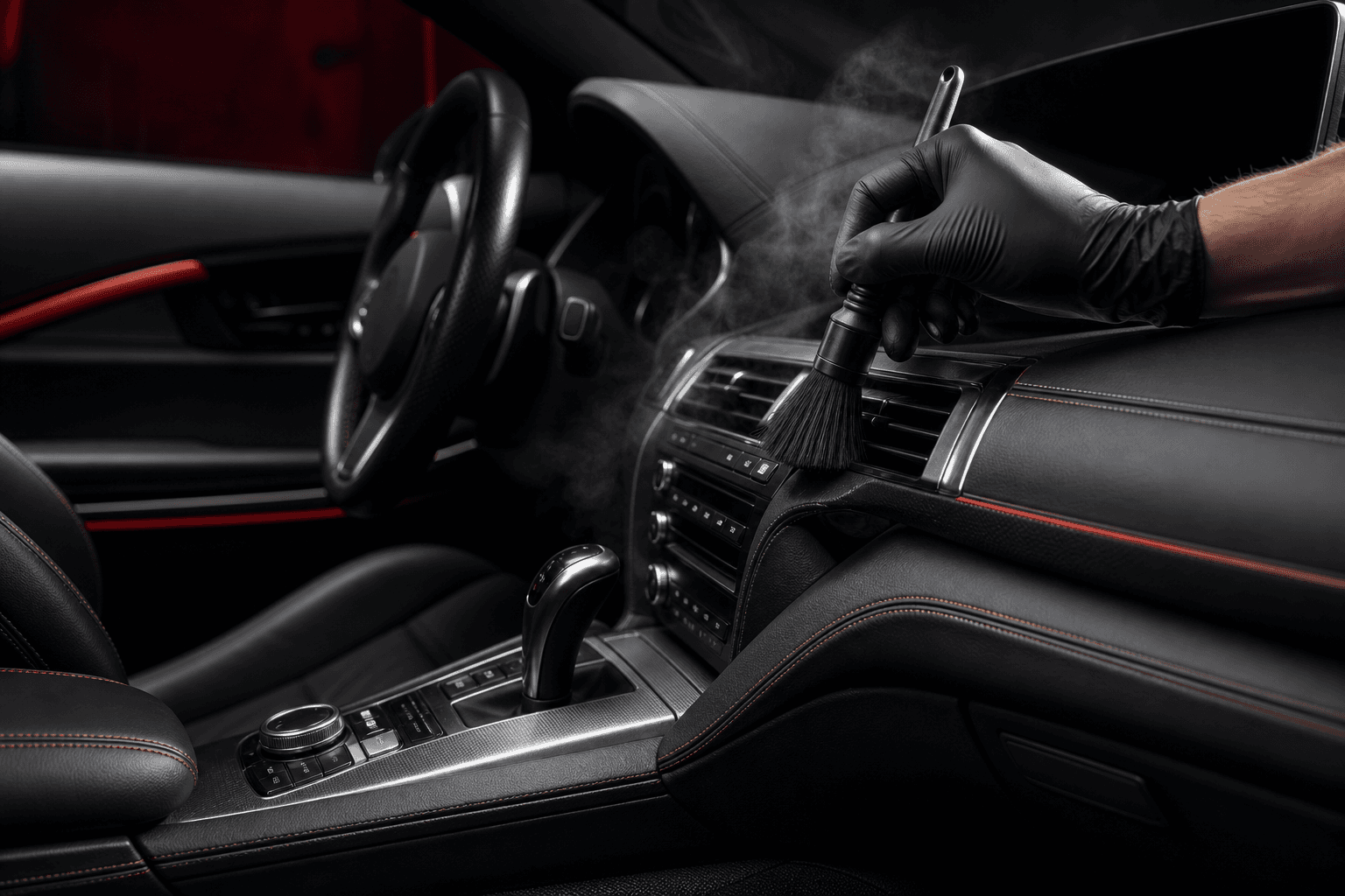 Detailing brush working a black leather interior with red contrast stitching